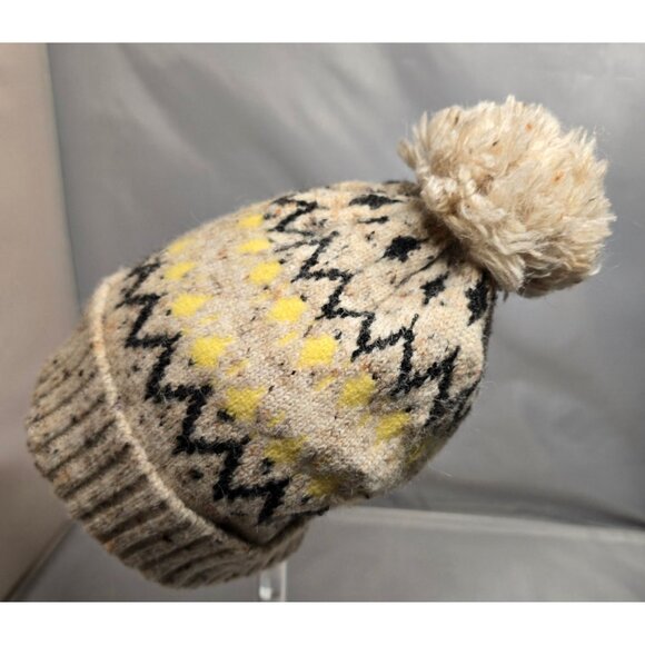 Beige & Yellow Fair Isle Pom-Pom Knit Beanie Hat 49% Recycled Polyester - Picture 6 of 7